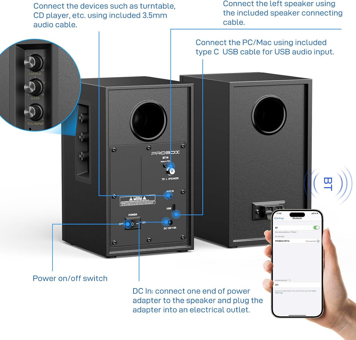 BT16 Active Bookshelf Speakers 3.5" Woofer with 1" Tweeter, 60W RMS-Bluetooth 5.3, Built-in 24bit DAC Dynamic 3D 2.0 Surround Sound, Computer Gaming PC Speakers - Black