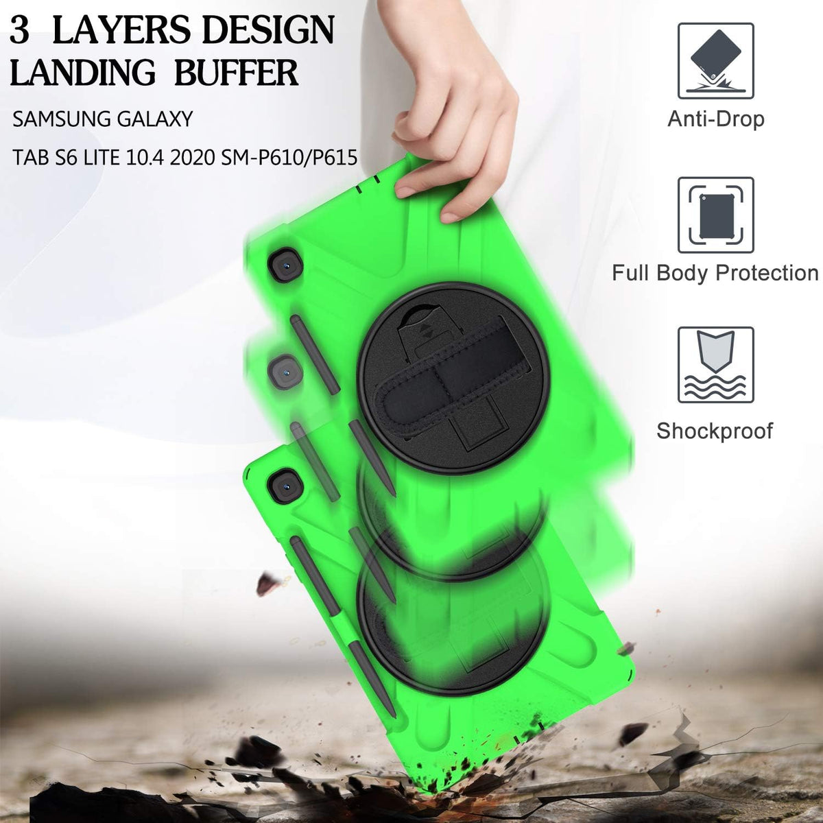 BRAECN for Samsung Galaxy Tab S6 Lite 10.4 Case, Heavy Duty Shockproof Case with Hand Strap, Shoulder Strap, Kickstand, S Pen Holder for Galaxy Tab S6 Lite 10.4 Inch SM-P620/P610 2024/2022/2020-Green