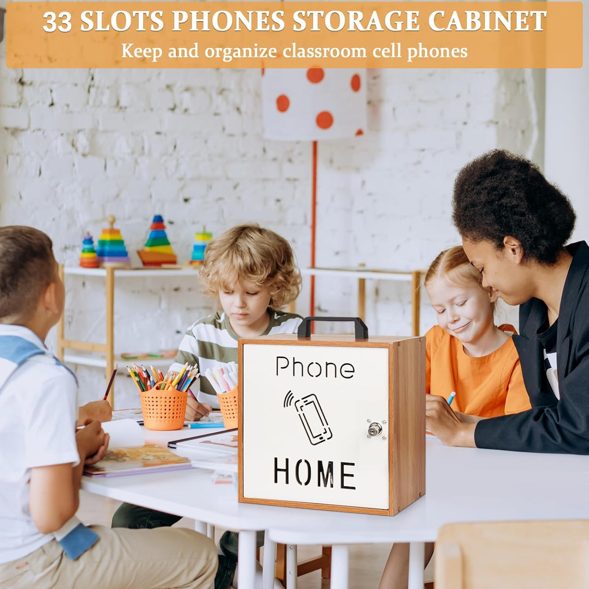 Cell Phone Holder Classroom 33 Slots Wooden Cell Phone Storage Cabinet Pocket Chart with Handle and Security Lock for Classroom Office (33 Grid Cabinet Cherry)