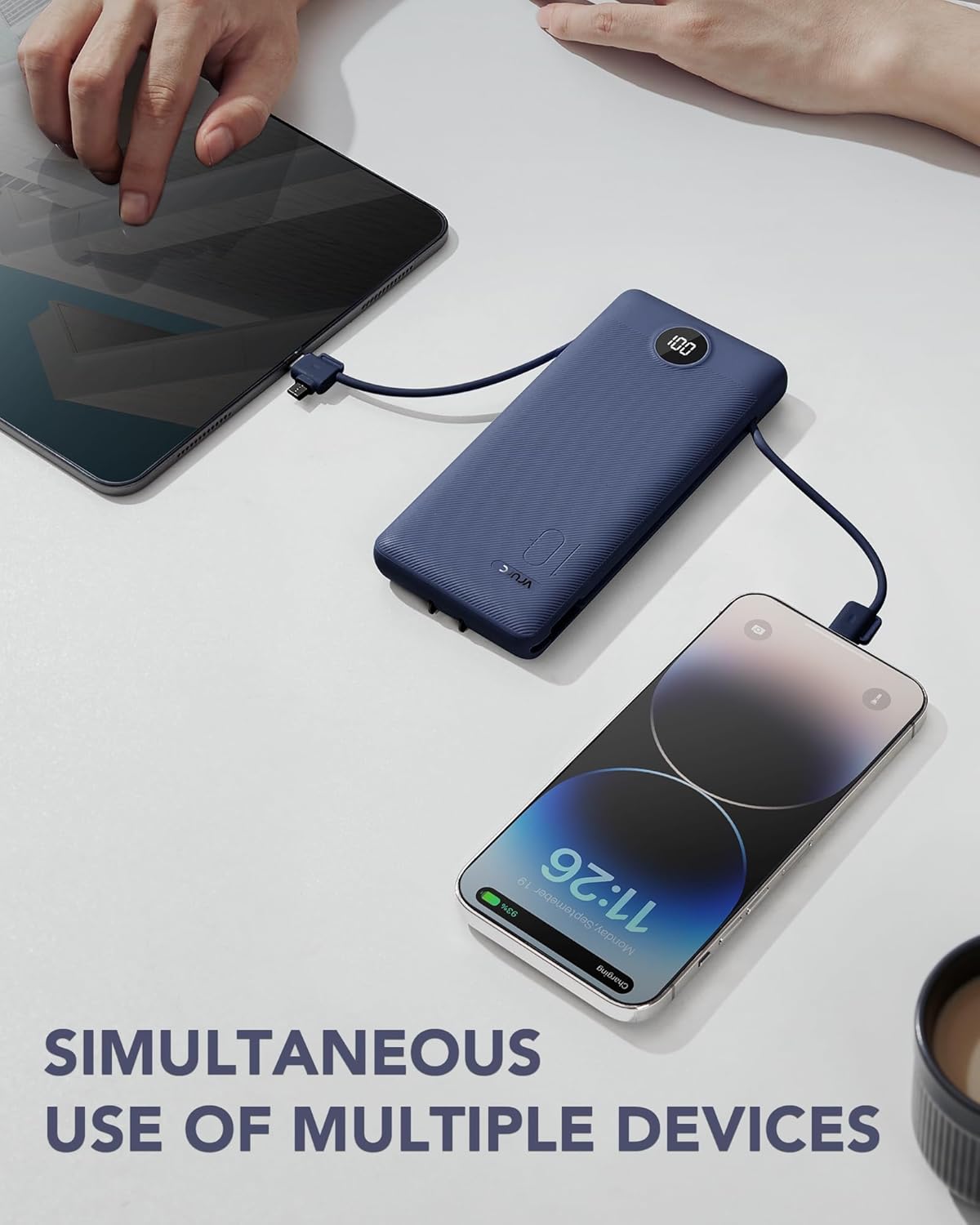 VRURC Portable Charger Built-in Cables and AC Wall Plug, USB C Power Bank 10000mAh, Travel Battery Portable Phone Charger Compact Lightweight External Battery Pack for Smart Phones, Tablets etc-Navy