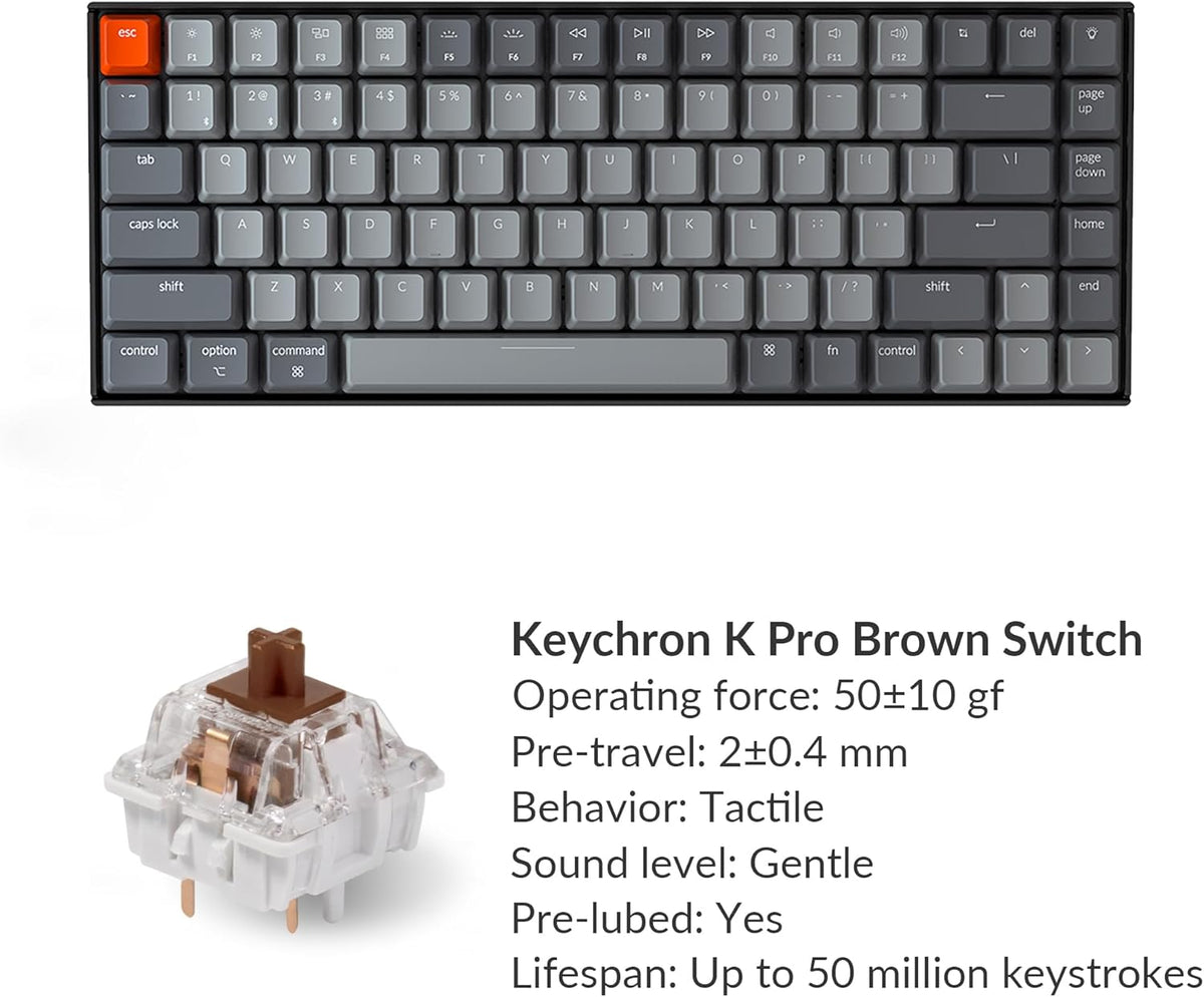 Keychron K2 75% Layout Bluetooth Wireless Mechanical Keyboard K Pro Brown Switch/White LED Backlit/USB C/Anti Ghosting/N-Key Rollover, 84 Keys Gaming Keyboard for Mac Windows-Version 2