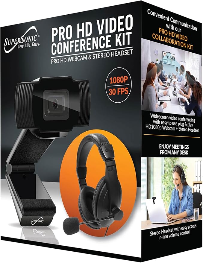 Supersonic SC-942WCH PRO HD Webcam and Stereo Headset 1080P HD Webcam Crystal Clear Audio and Video Adjustable Comfort Plug and Play Compatibility for Zoom & Teams in Home Office School