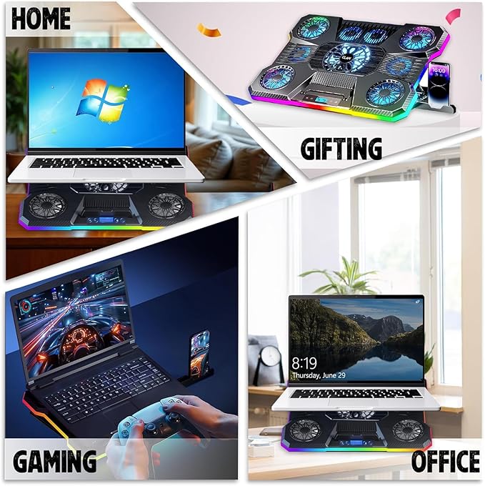Storm Pro A21 Laptop Cooling Pad with 9 Fans (6×60mm + 4×85mm Up to 2400 RPM) RGB Lighting LCD Display Mobile Stand 9 Height Levels USB & Type-C Ports Fits Up to 17-Inch Laptops – Black