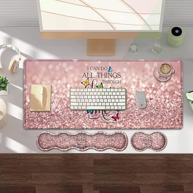 Large Gaming Mouse PadExtended Office Desk MatWaterproof Desk Writing Pad for Home Ergonomic Mouse &Keyboard Wrist RestPhilippians 4:13 Bible Glitter Laptop Desk Pad Pink Mousepad Wrist Support