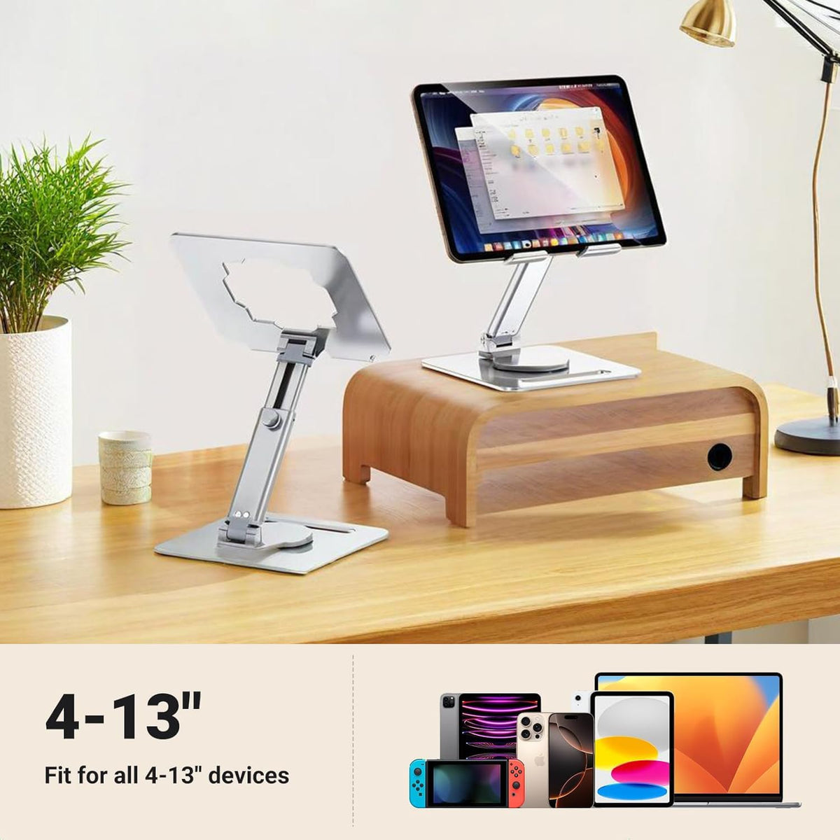 GuaziV 360° Rotating Tablet Stand - Adjustable iPad Tablet Holder for Desk, Foldable iPad Swivel Stand for Home & Office (Polished Silver)