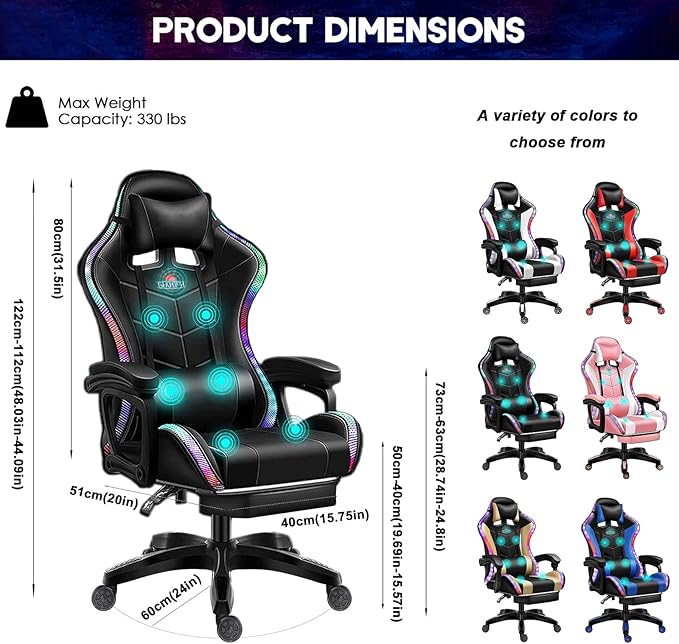 RGB Computer Chair with Footrest Massage Gaming Chair with Speakers Music Video Game Chair with Lumbar Pillow Support and Headrest High Back Gamer Chair Office Chair for Office or GamingWhite