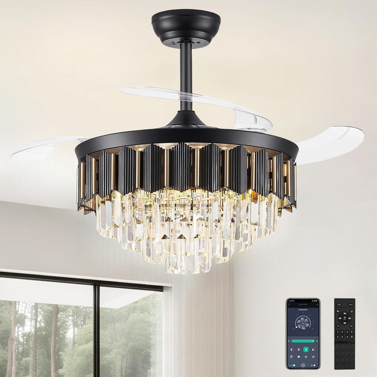liangeight 48 Inch Fandelier Ceiling Fan with Light, Chandelier Ceiling Fan for Bedroom Living Room, LED Dimmable, 6-Speed Rever