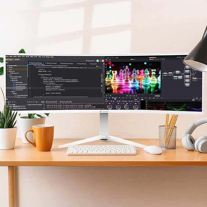 CRUA 49 White Curved Monitor | DQHD(5120 * 1440) 120Hz 1500R 32:9 AMD FreeSync 120% sRGB Height Adjustable Ultra-Wide Screen Computer Monitors HDMI 2.1 & DP 1.4 Wall Mount Install