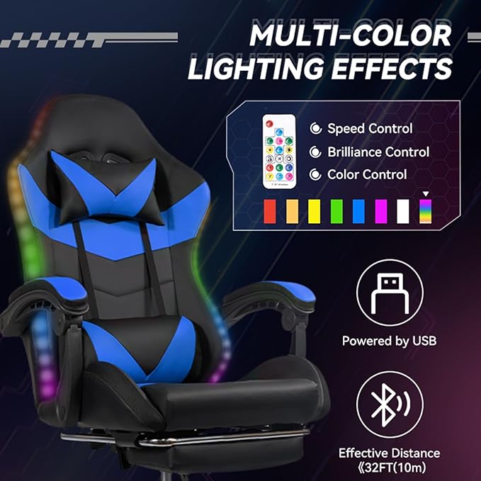 Gaming Chair Computer Chair with Footrest and Lumbar Support & LED Height Adjustable Game Chair with 360°-Swivel Seat and Headrest and for Office or Gaming (Black-Blue)