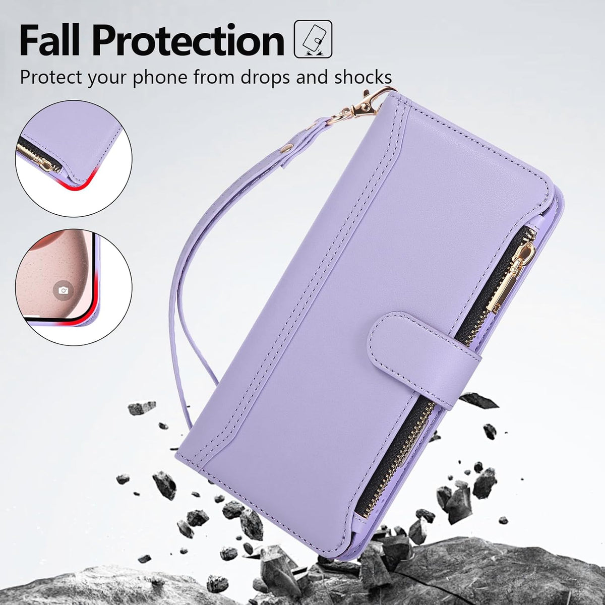 Compatible with iPhone 7/8/SE 2020/SE 2022 Wallet Case PU Leather Shockproof Protective Cover with Credit Card Slots, Zipper Pocket Detachable Wrist Strap,Unisex Design for Men/Women-Purple