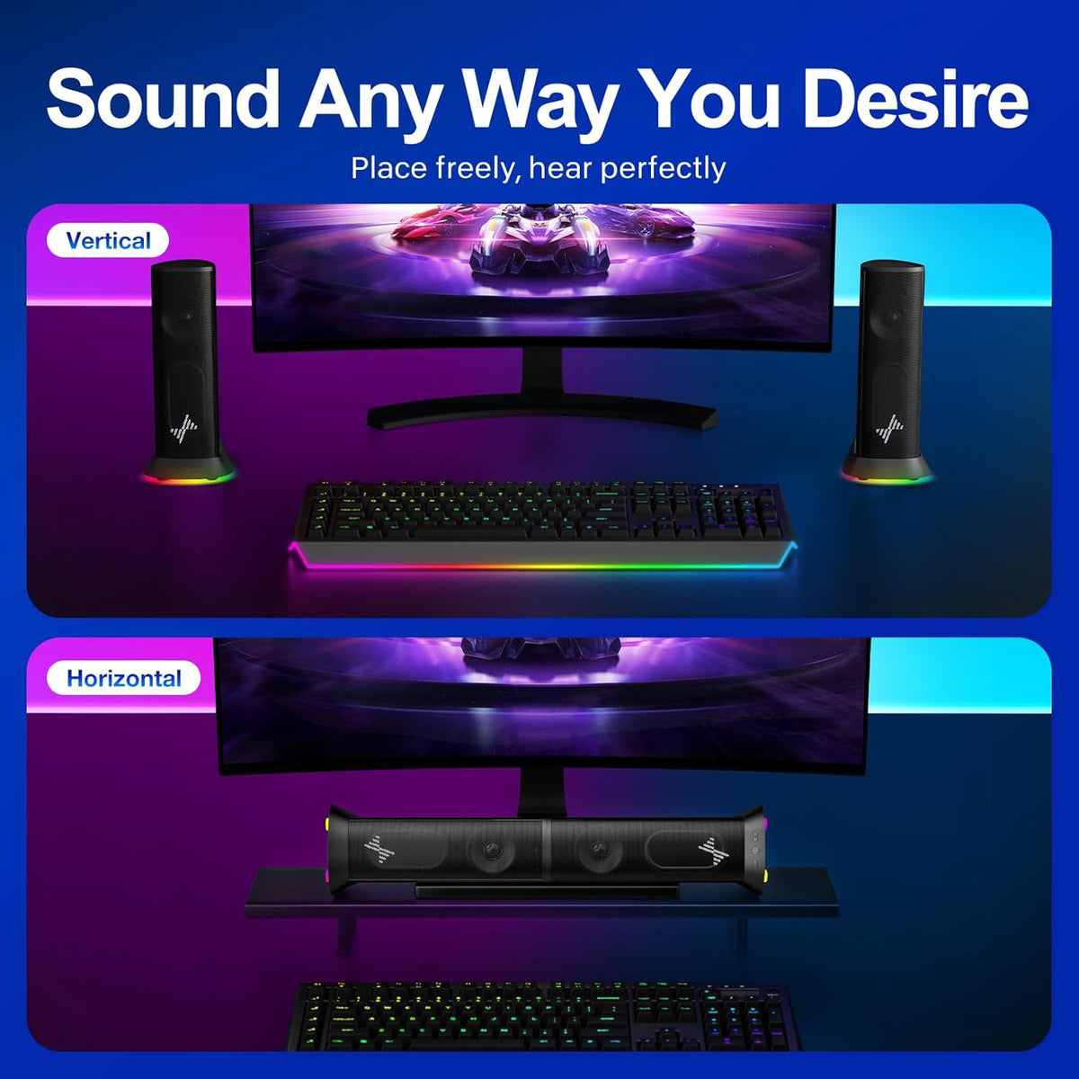 Nylavee Computer Speakers – Hi-Fi Stereo PC Speakers with 9 LED Lighting Modes, Enhanced Bass and Sound, USB/Type-C Powered and 3.5mm Audio Wired Desktop Speakers for PC, Laptop, Monitor, PS5, Xbox