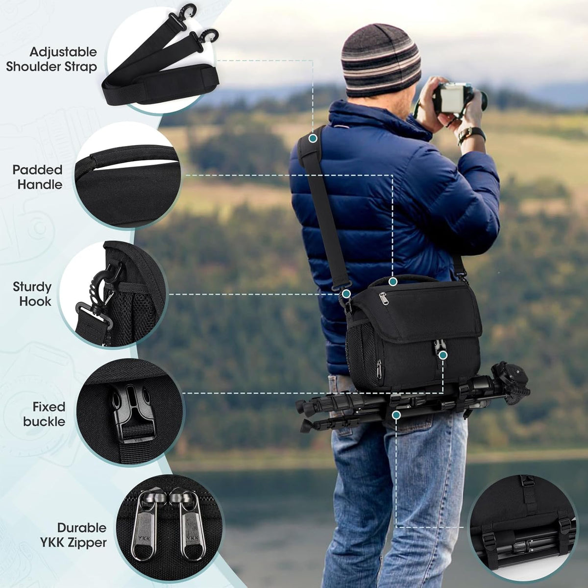 RAINSMORE Camera Bag, DSLR/SLR/Mirrorless Camera Case with Tripod Holder Waterproof Camera Sling Bag Crossbody Camera Bags for Photographers with Rain Cover for Canon/Nikon/Sony/Fuji, Black