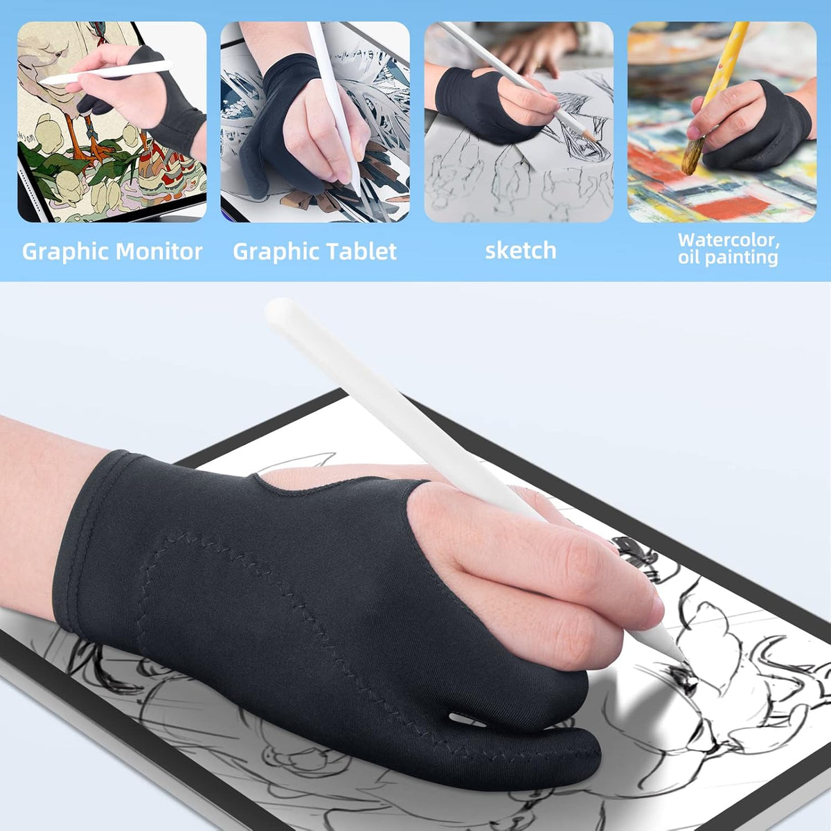 2-Pack Drawing Glove Palm Rejection for iPad Surface All Capacitive Touch Screen Artist Right/Left Hand Graphic Tablet, Graphics Monitor Digital Drawing Sketching, Inking, Coloring Two Finger Gloves
