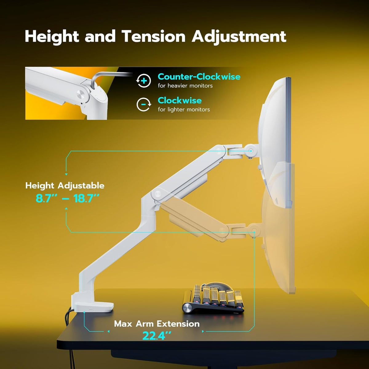 ARES WING Single Monitor Mount with USB A/C, Heavy Duty Monitor Arm for 17 to 49 inch Ultrawide Screen, Holds 44 lbs, Adjustable Gas Spring Arm Desk Mount with Clamp and Grommet Base, White
