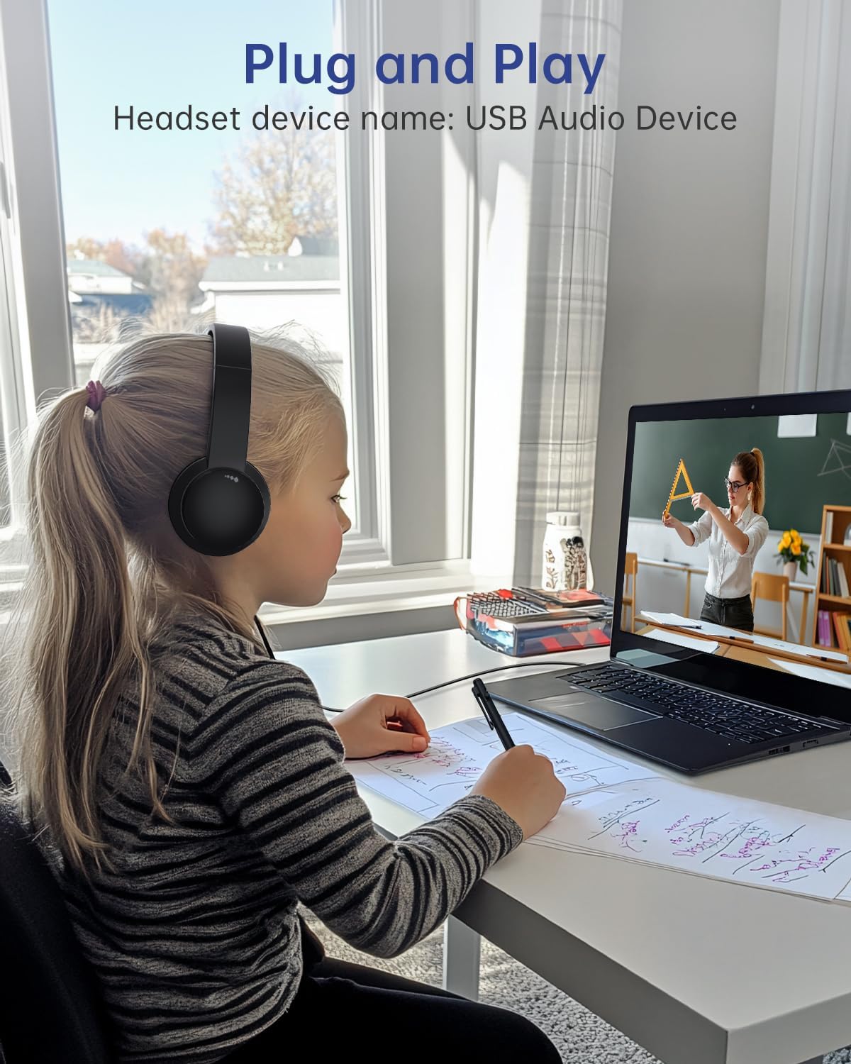 USB Headset with Microphone for PC, Wired Headphones with Mic USB Headsets with Noise Cancelling Microphone, Computer Headset with Microphone for Home Office Online Class Teams Skype(Black)