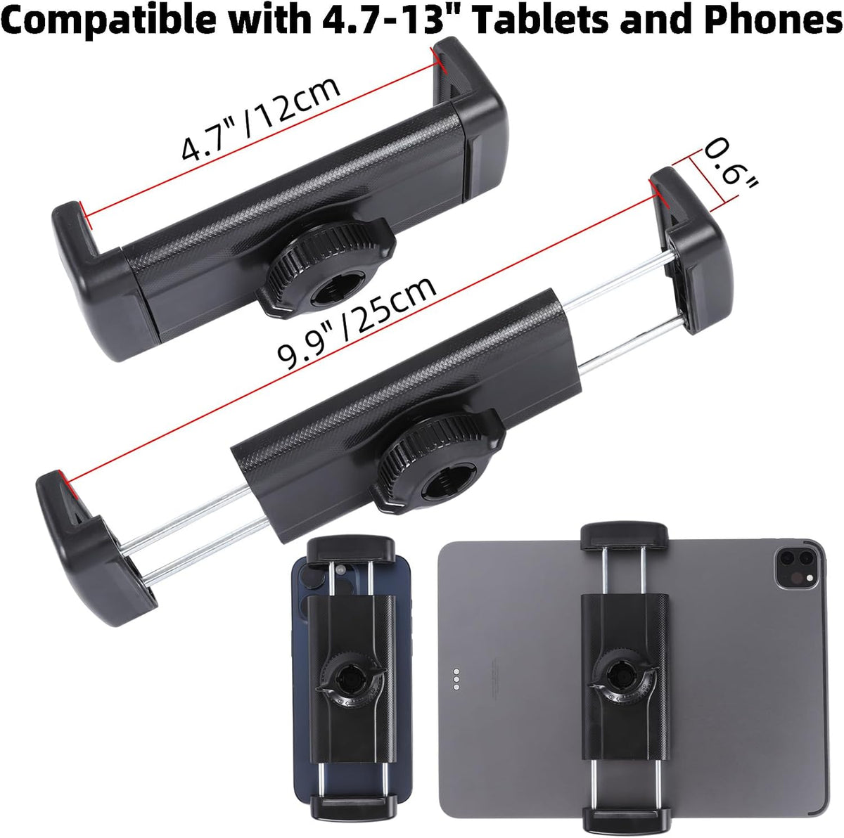 Tablet Holder for Microphone Stand/Treadmill/Spin Bike/Stroller/Golf Cart/Handlebar/Stationary Bike, Phone iPad Holder Mount for iPad Pro 12.9, Galaxy Tabs, iPhone(4.7-13”)