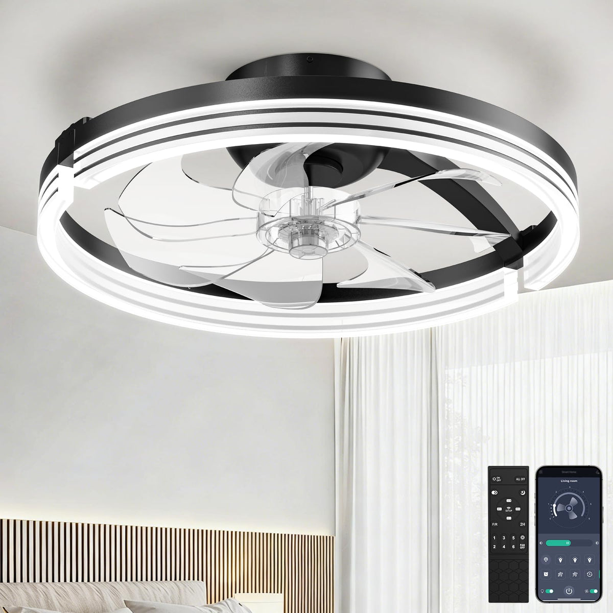 Aphyni Ceiling Fans with Lights and Remote, Low Profile Ceiling Fan, Morden Flush Mount LED Fan Light, 3000K-6500K Dimmable for