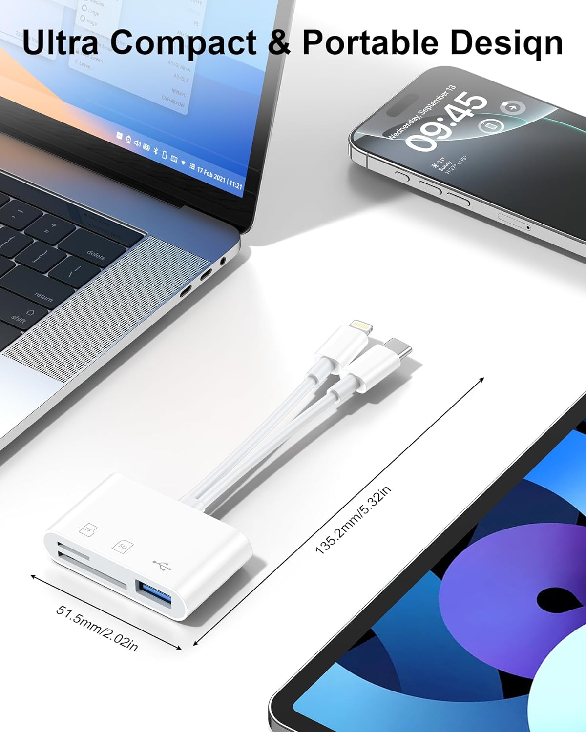 3 in 2 Lightning & USB-C SD Card Reader for iPhone 16 Pro Max 15 Plus 14, Dual Port OTG MicroSD Memory Card Reader Dongle Adapter with SD/TF/USB3.0 Slot for Camera iPad Galaxy S25 S24 MacBook Air/Pro