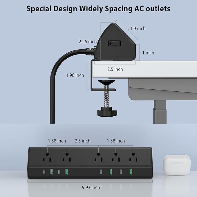 Jgstkcity Desk Clamp Power Strip USB C 45W,8 USB,10FT Cable,Black