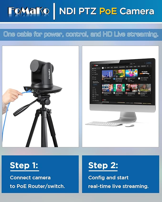 FoMaKo NDI PTZ Camera AI Auto-Tracking Gen 3 20x Optical Zoom LAN USB3.0 HDMI PTZ Camera for Church Services Worship Education (NDI 6 & NDI HX3) FMK20UH NDI-B (Black Color)