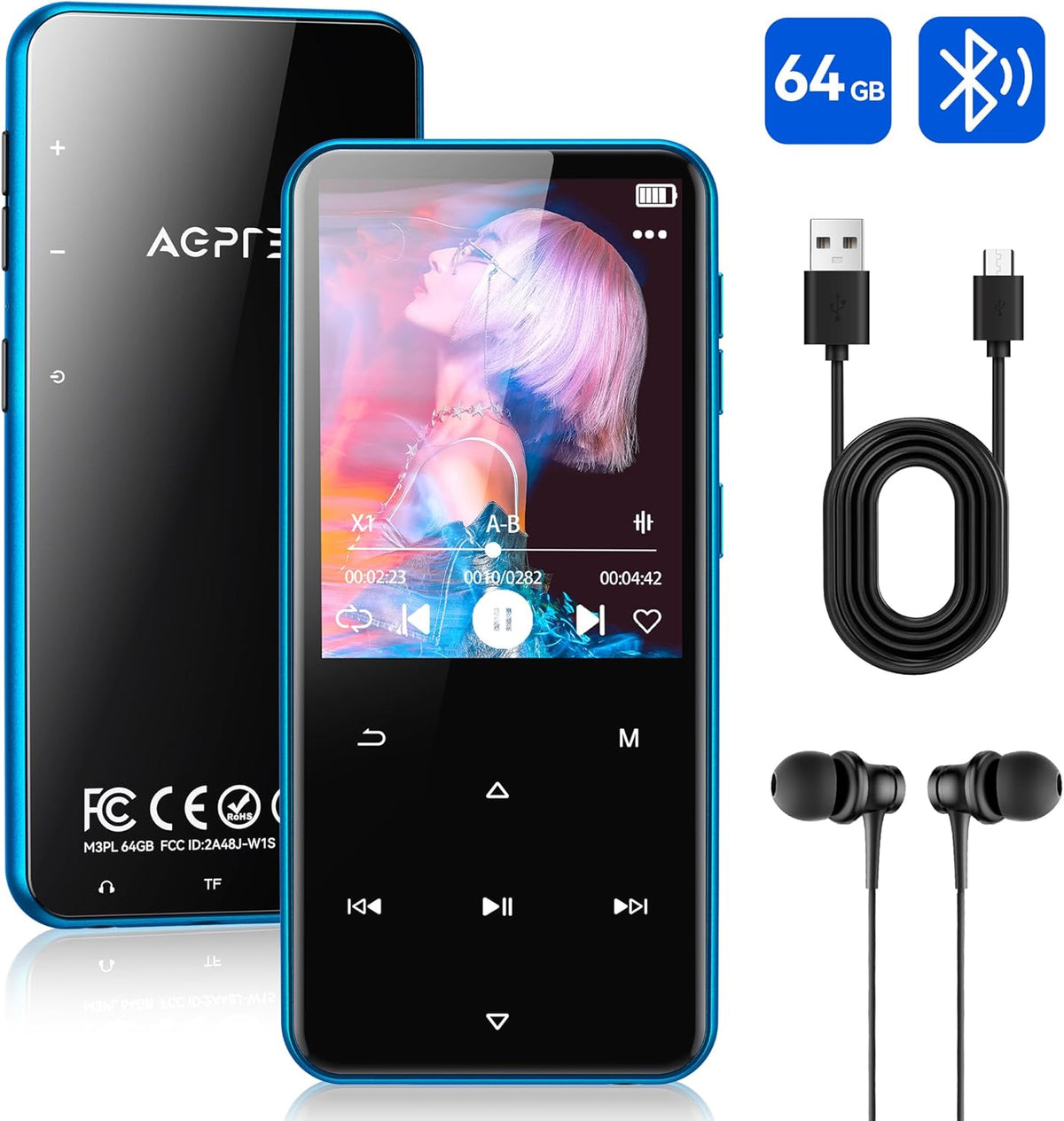 AGPTEK 64GB MP3 M3 2.4 inch 128GB(Blue) Player with Bluetooth, Music Player with Speaker and FM Radio, Touch Buttons