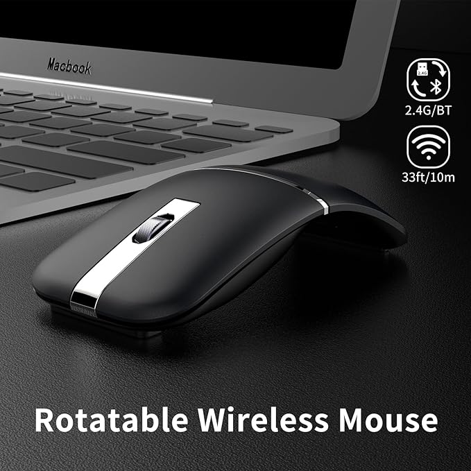 Bluetooth Arc Travel Mouse - BT & 2.4G Wireless Dual Mode Rechargeable Slim Rotatable Portable 3 Adjustable DPI USB Optical Computer Silent Mouse for Microsoft Laptop PC Tablet - Graphite Black