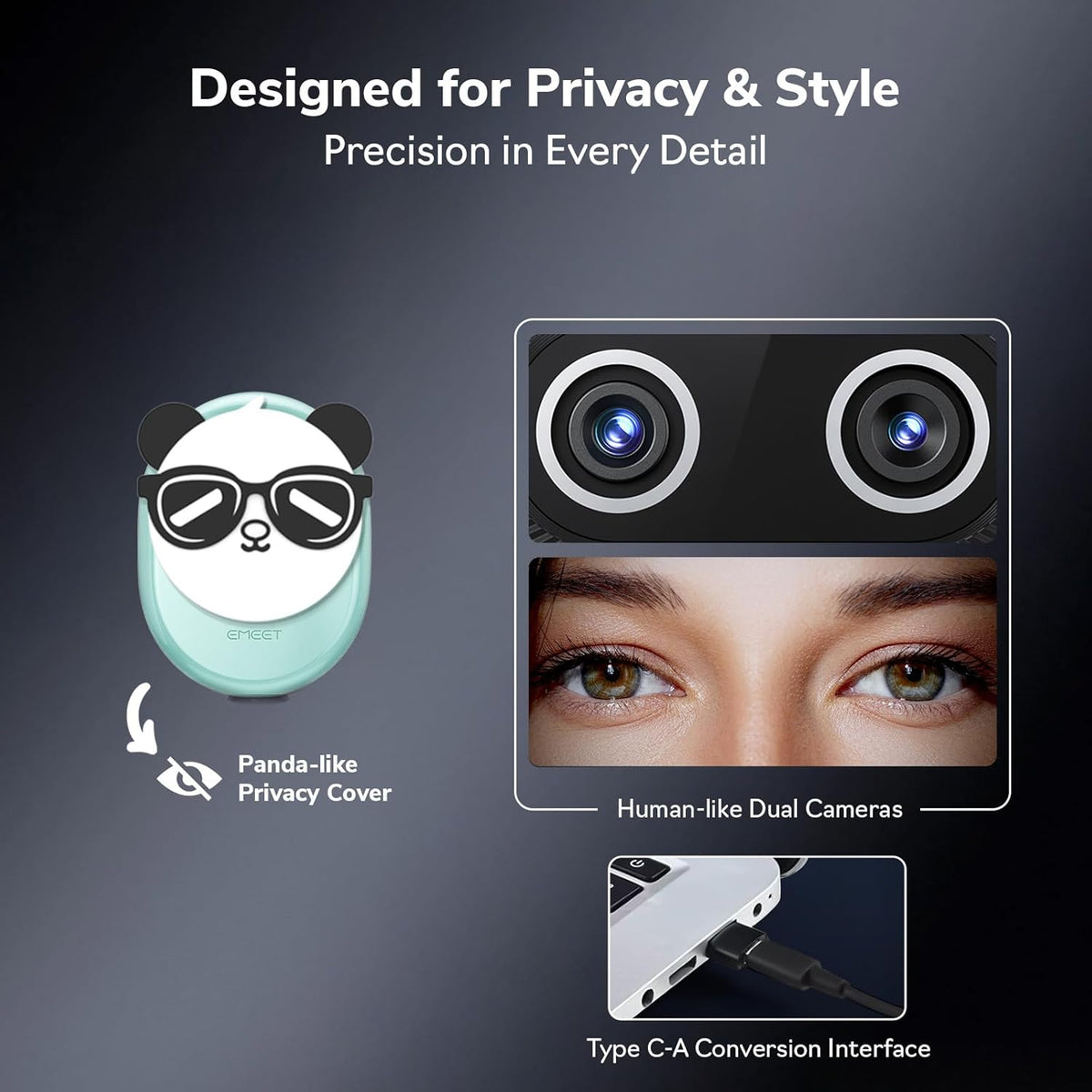 EMEET Piko+ Webcam 4K, World's 1st Dual-Camera AI-Powered 4K Camera, 1/2.55'' Sony Sensor, 3 Mics&3 Sound Modes, Panda Magnetic Privacy Cover, USB C-C&C-A, Ideal for Livestreamers and Content Creators