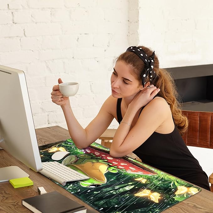 Warm Desk PadHeated Desk Pad Mouse Mat Gamingwith 3 Heating Levels & 3 Hours Auto Shut-OffLeather 31.5 x 13 Foot Warmer Keyboard Office MatCute Frog Mushroom