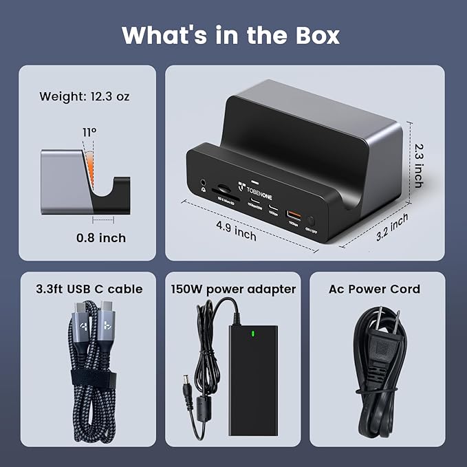 TobenONE 18-in-1 Triple 4K@60Hz Monitor Docking Station with 150W Power Supply USB C Laptop Docking Station Stand(Single 4K@144Hz) 2.5Gbps Ethernet 2 HDMI & DP 8 USB for Windows&ChromeOS