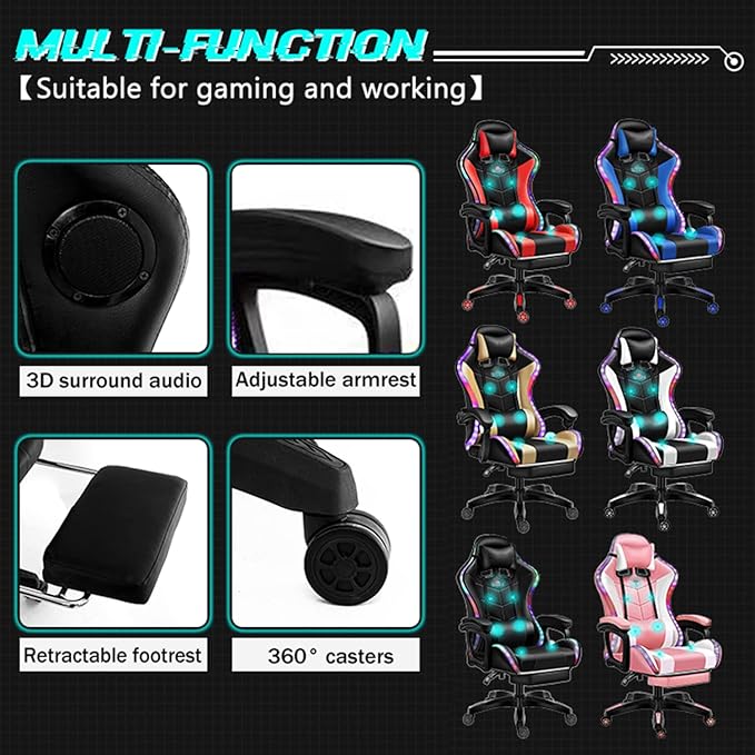 XOOFMASS Gaming Chair Massage with Footrest Gamer Chair with LED Lights and Spakers Ergonomic Gaming Chair for Adults Video Game Chair with Headrest and Lumbar SupportWhite
