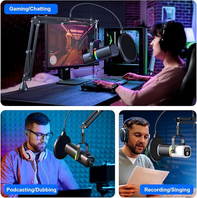 Aokeo AK-10 USB Gaming Microphone with mic arm Condenser Microphone for PC/MAC/PS4/PS5/Phone-Cardioid Mic with RGB Lighting(White)