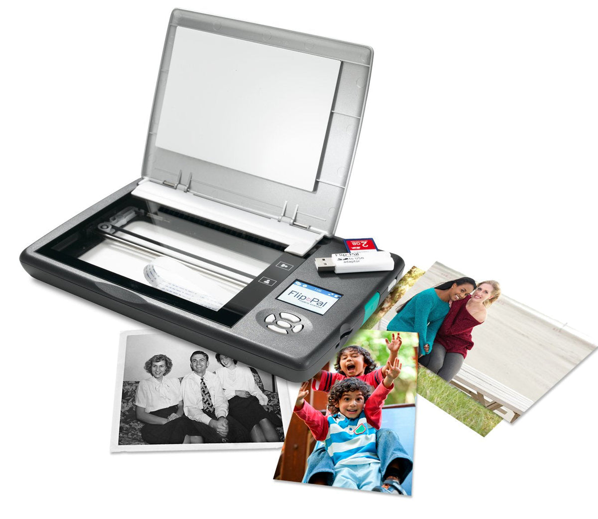 Flip-Pal mobile scanner with 4GB SD card and USB adapter. EasyStitch and StoryScans talking images software