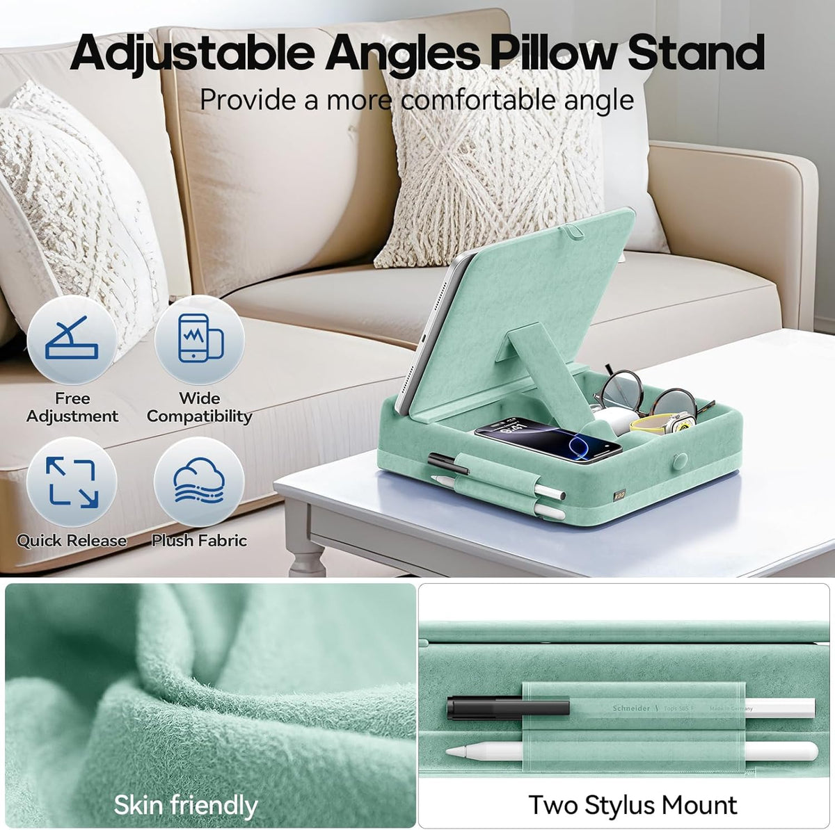 KDD Tablet Pillow Stand with Storage, Foldable iPad Holder for Bed, Lap and Desk, Angle Adjustable Soft Pad Dock with Stylus Mount Compatible with iPad Pro 12.9, 11, Air, Mini, Phones, Books (Green)