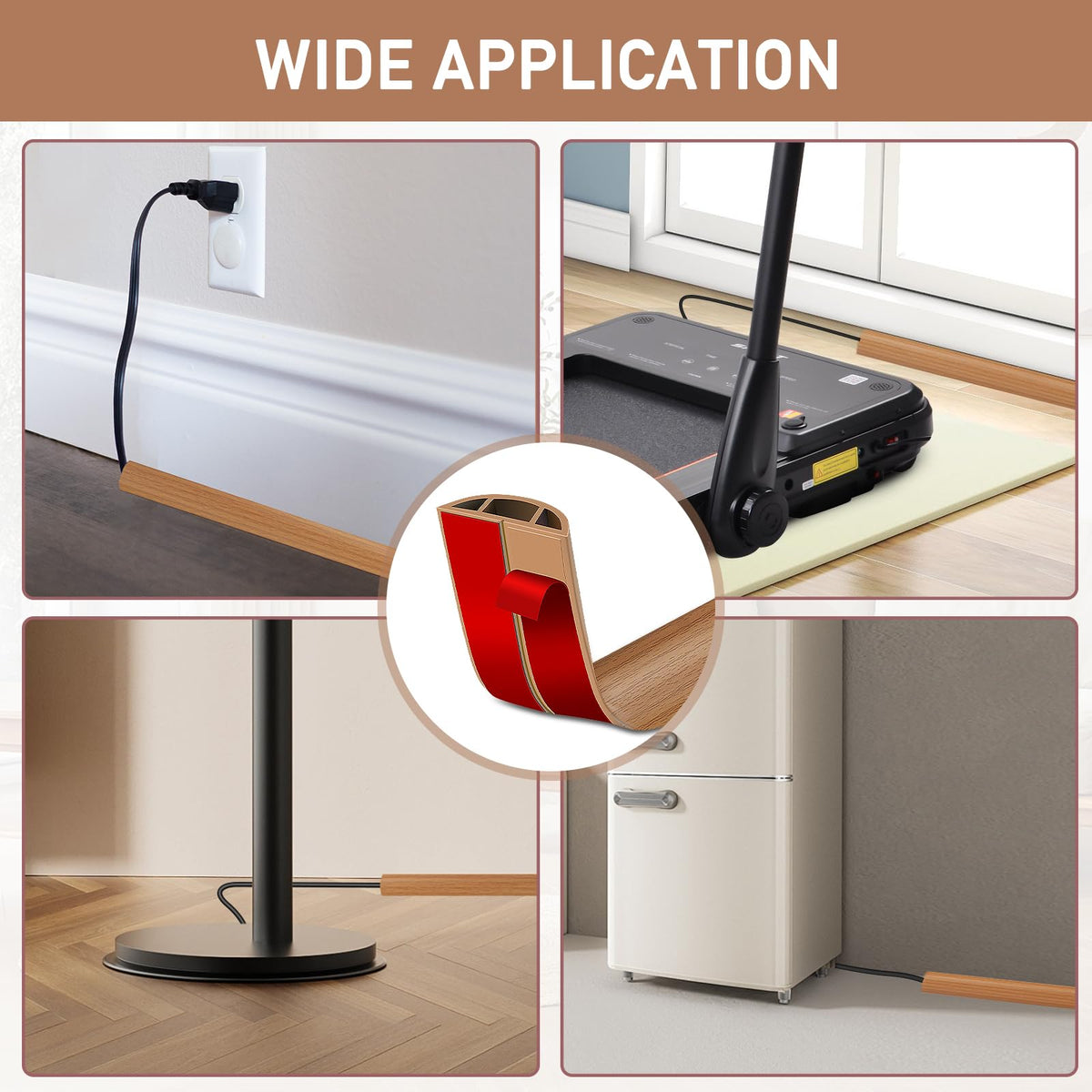 Floor Cord Cover Self Adhesive Cord Hider Floor Extension Cord Covers for Floor Power Cord Protector Cable Management Prevent Cable Trips Cable Cavity 0.51" W x 0.31" H (Light Brown Wood, 20Ft)