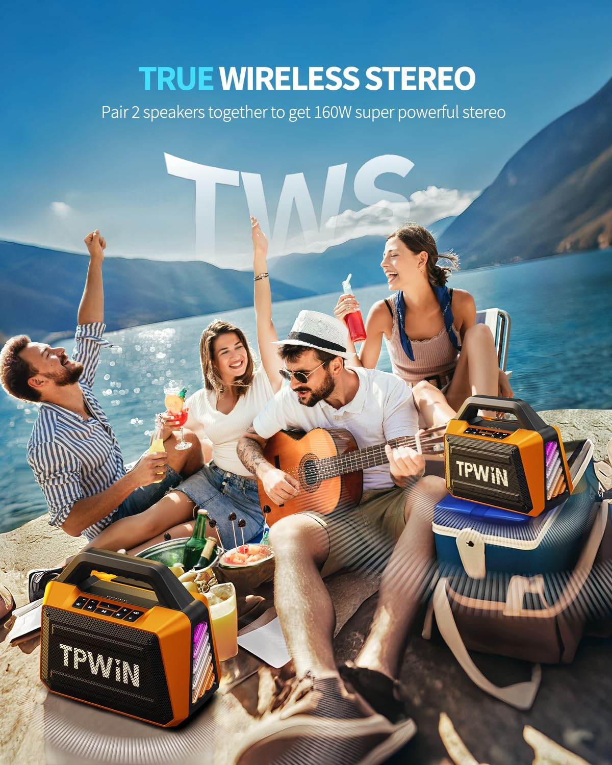Portable Bluetooth Speaker Wireless - Loud Speakers 80W Peak, 20H Playtime, Light Show, TWS, Deep Bass, BT 5.3, IPX6 Waterproof for Outdoor Travel Camping Beach Pool - Orange
