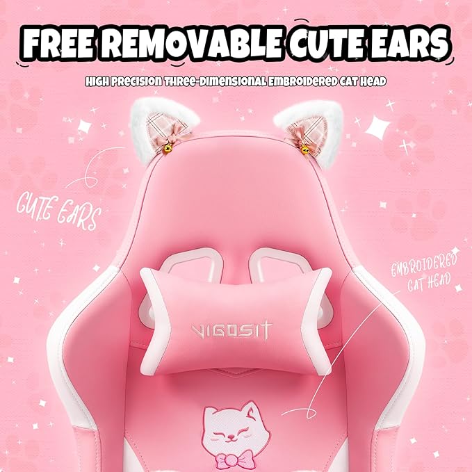 Pink Cute Cat Gaming Chair with Paw Lumbar Cushion Ergonomic High-Back Gamer Chair for Boys and Girls Adjustable PC Video Game Chair for Bedroom Study Home Office