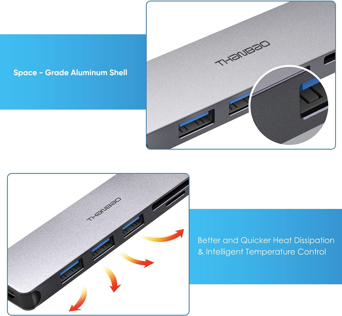 USB C Hub Multiport Adapter - 7 in 1 Portable Space Aluminum Dongle with 4K HDMI Output, 3 USB 3.0 Ports, SD/TF Card Reader Compatible for MacBook Pro, XPS More Type C Devices