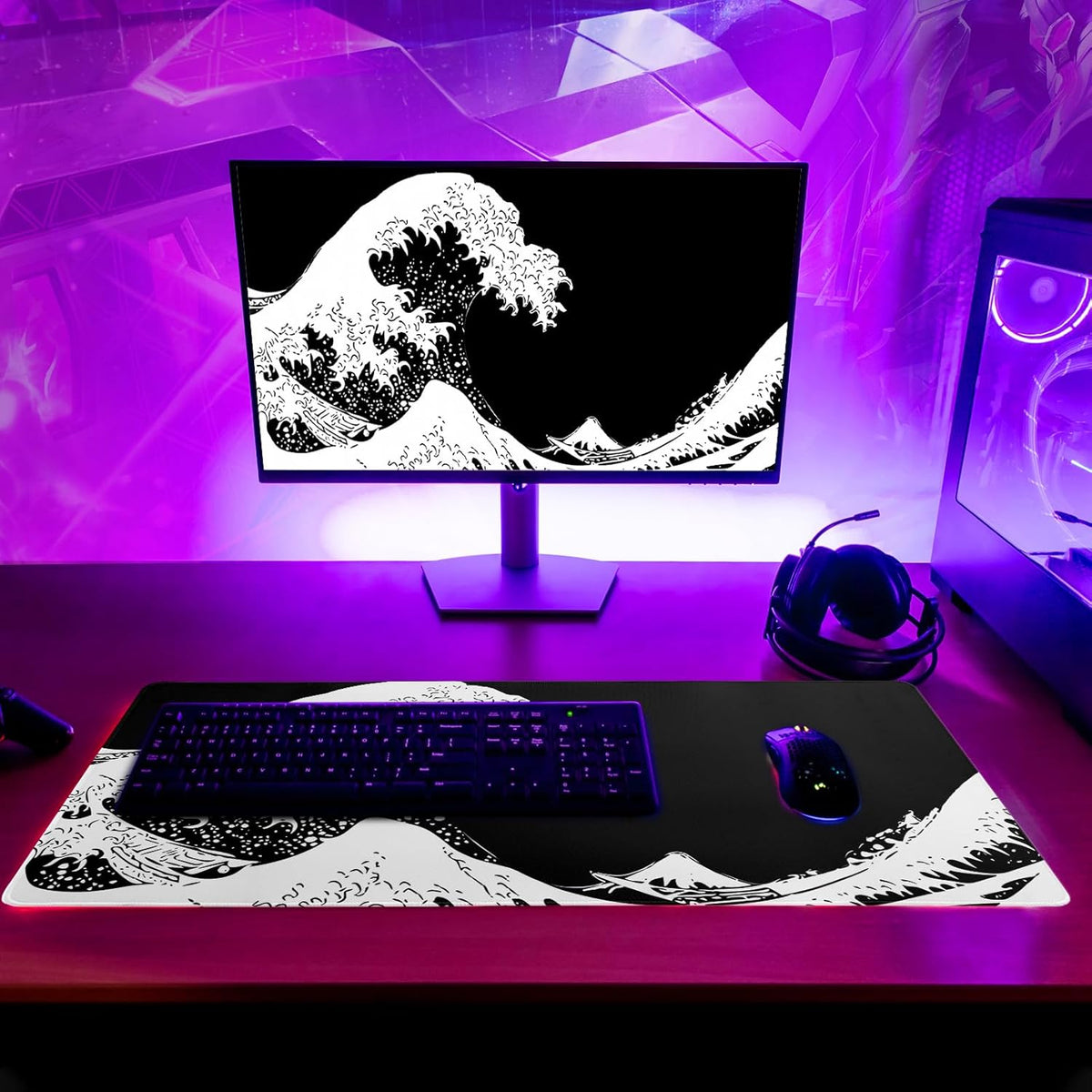 Japanese Sea Wave Large Mouse Pad, Abstract Black Gaming Mousepad, Extended Kanagawa Mat Desk Pad, 3mm Thick Long Non-Slip Rubber Base Mice Pad for Office and Home, 31.5x11.8 Inch