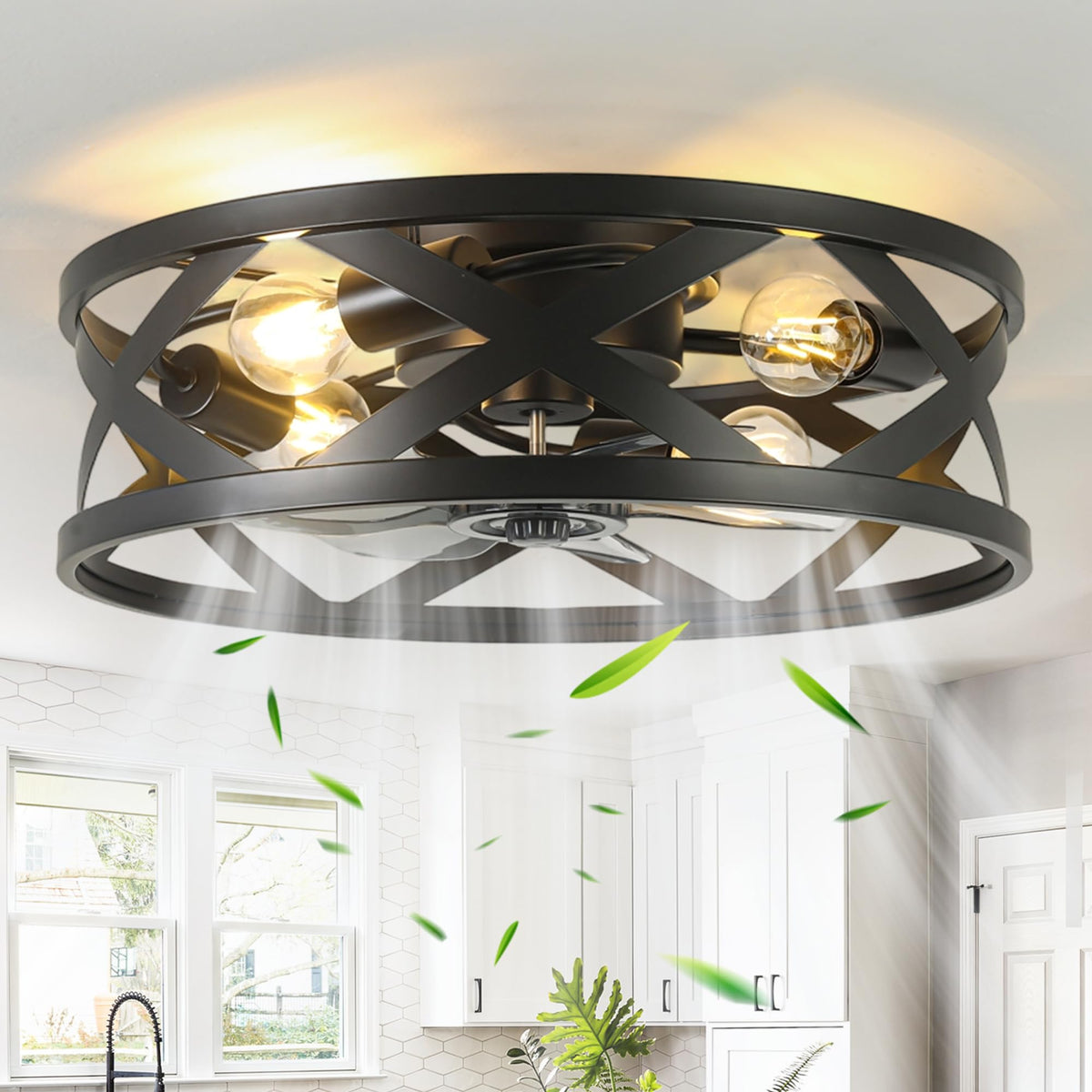 20 Inch Caged Ceiling Fan Light with Remote, Black Flush Mount Bladeless Ceiling Fan with 6 Speed Reversible DC Motor, Fandelier