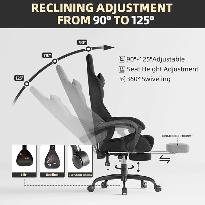 Ferghana Velvet Fabric Gaming Chair Ergonomic Gamer Chair for Adult Comfortable Video Game Chair with Footrest and Massage Lumbar Cushion Racing Reclining Office Home Computer Desk Chair Black