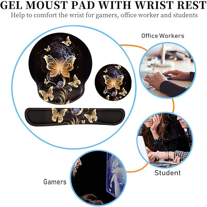 Keyboard Wrist Rest and Mouse Pad Wrist Support Set with Coffee Coaster Non-Slip PU Base for Gaming and Office Comfortable & Lightweight for Easy Typing & Pain ReliefGold Butterfly