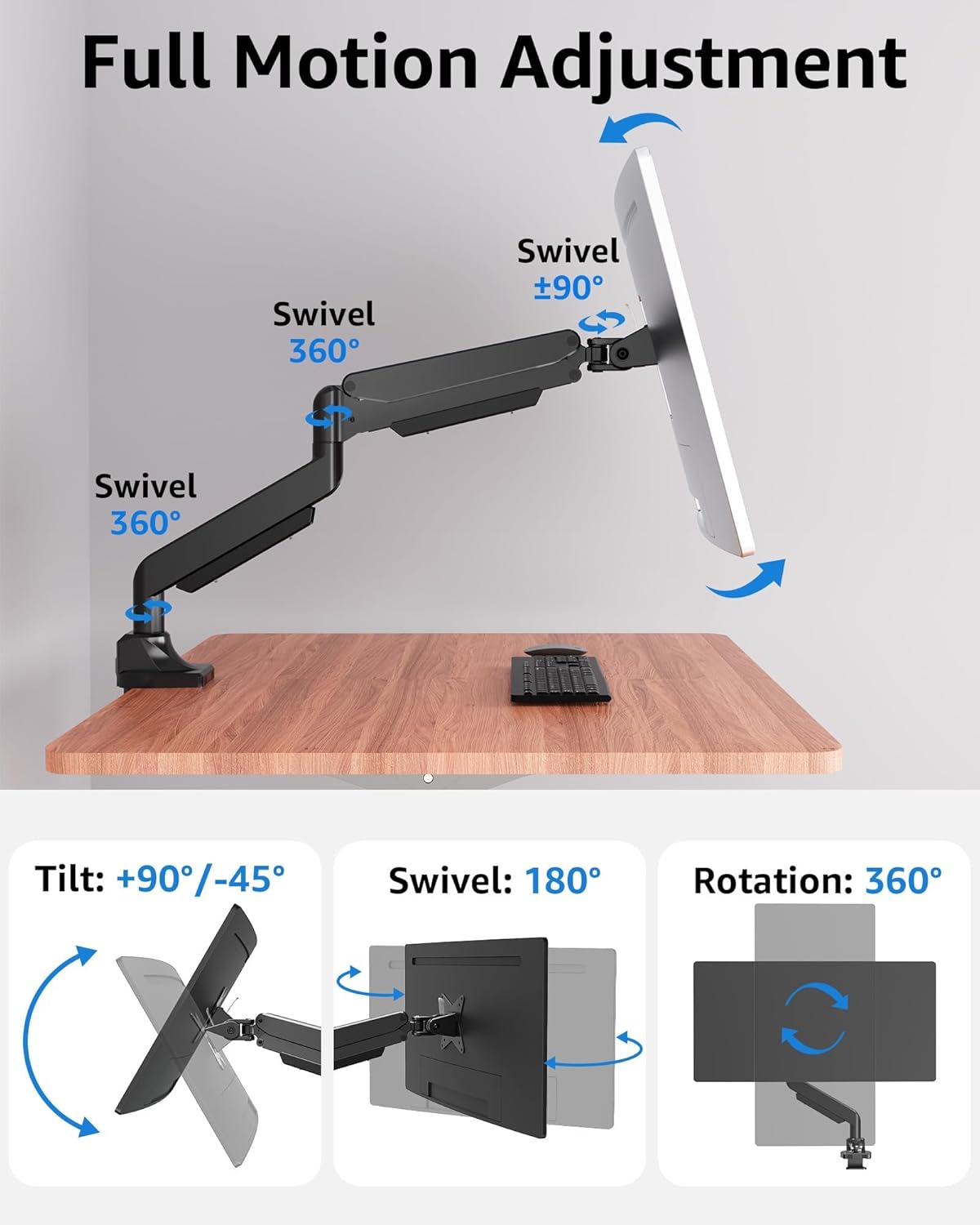 MOUNTUP Single Monitor Mount fits 22''-43'' Ultrawide Screen, Holds 6.6-33lbs, Computer Monitor Arm Desk Mount, Heavy Duty Gas Spring Monitor Stand for Flat/Curved Screen, with C-clamp/Grommet Base