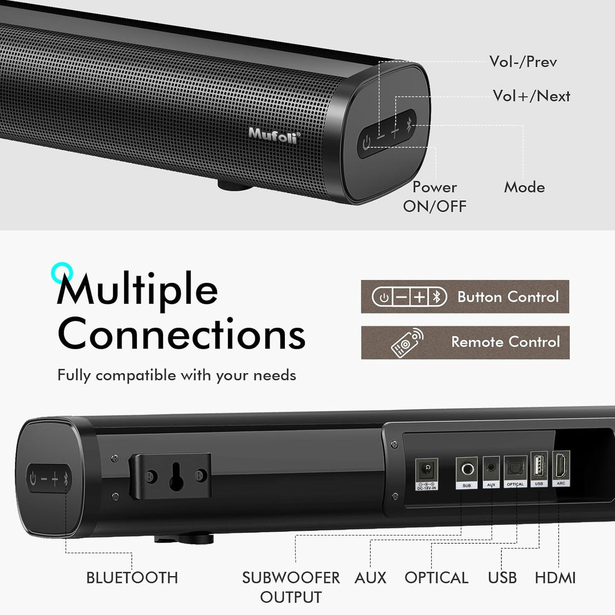 Sound Bars for TV with Subwoofer 2.1 CH 120W Soundbar for TV, for PC, Gaming, Surround Sound System TV Sound Bar Speakers, Home Theater with Bluetooth, HDMI, AUX, USB, Opt Connection, 16 Inch, MF604S