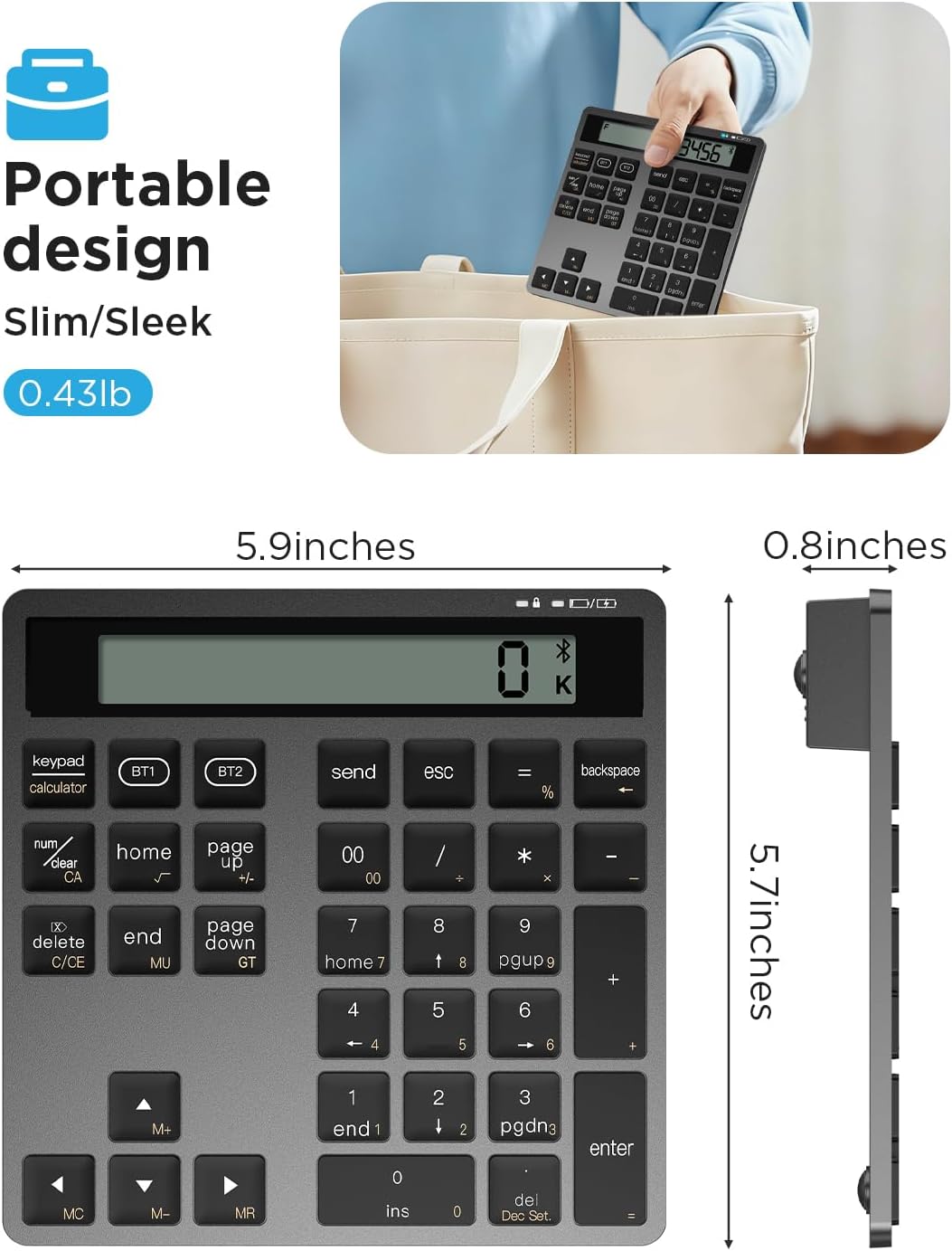 HoRiMe 34 2 1 Number Pad for Laptop - Rechargeable Wireless Number Keypad Keys with Dual Bluetooth, in Numeric Keypad