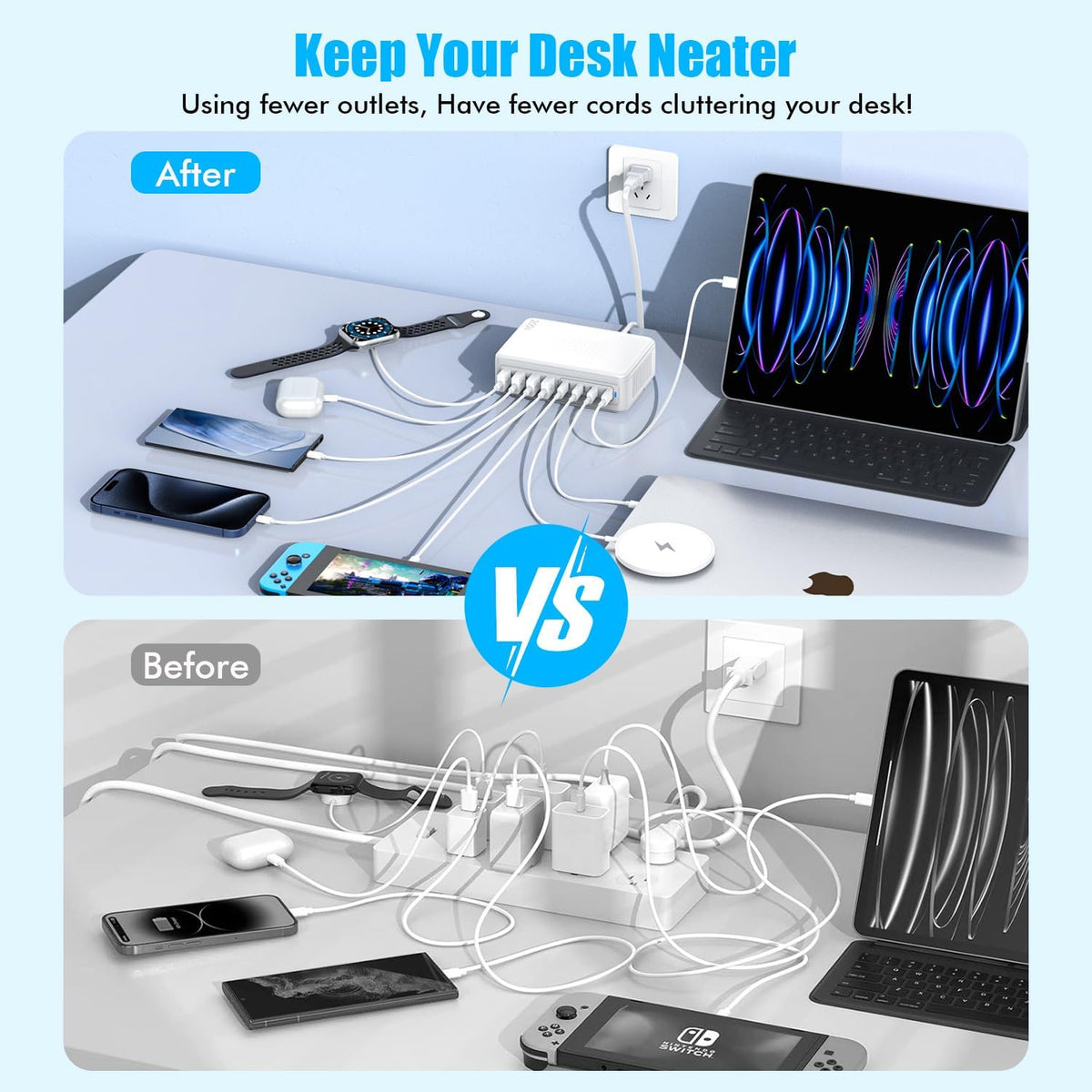 USB C Charger Block,200W GaN 8 Port USB C Charging Station USB Hub Block Cube Type C & USB A Wall Charger Power Adapter for Multiple Devices Apple iPhone 16/15/14,Steam Deck,MacBook Pro/Air,iPad Pro