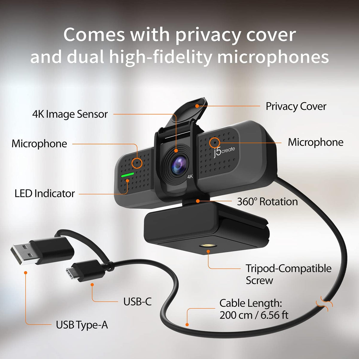 j5create 4K Wide Angle Webcam with Microphone/Privacy Cover for Video Conferencing, Streaming, Recording and Online Teaching, Supports Zoom, Skype, Teams, OBS and More (JVU430)