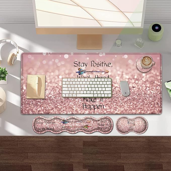 Large Gaming Mouse PadExtended Office Desk MatWaterproof Desk Writing Pad for Home Ergonomic Mouse &Keyboard Wrist RestWork Hard Inspirational Quotes Laptop Desk Pad Pink Mousepad Wrist Support