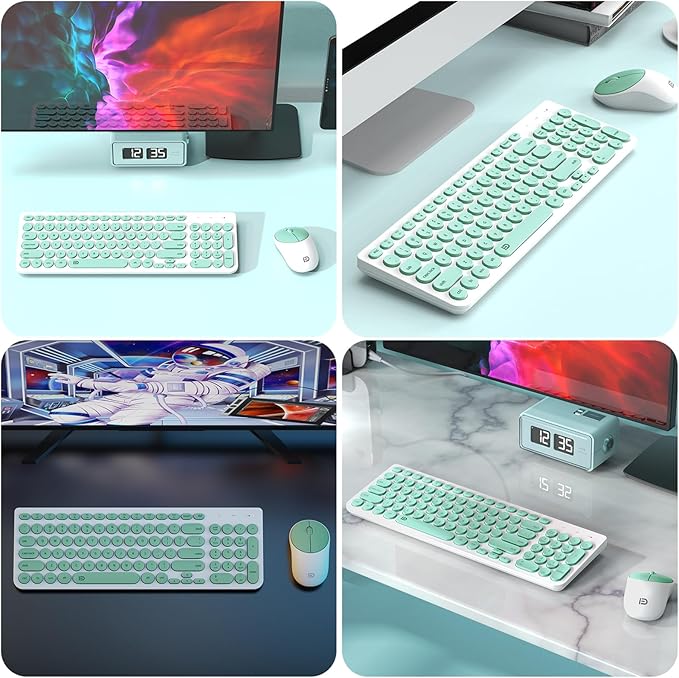 FD Wireless Keyboard and Mouse Combo - 2.4GHz USB Cordless Cute Round Keys Quiet and Slim Set for Laptop Computer TV and Mac - Mint Green & White