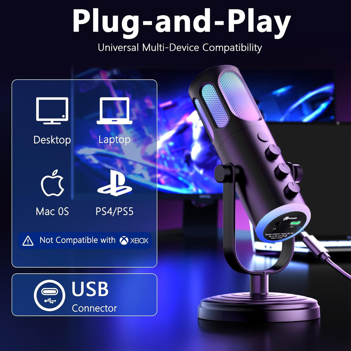 PUPGSIS Gaming Microphone for PC, Noise Cancellation Condenser Mic with RGB Lights, Mute, Monitoring, Pop Filter, Desktop-Mic for Streaming/Podcasting/Recording/Gaming Equipment, Plug & Play-Black