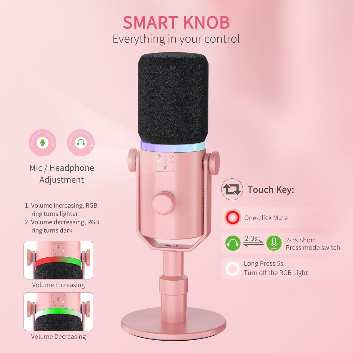 FEELWORLD PM1 XLR USB Dynamic Microphone with Desktop Stand Gifts for Podcast Recording PC Computer Gaming Streaming Vocal Voice-Over, Studio Metal Mic, RGB Light, Mute Button, Headphones Jack (Pink)